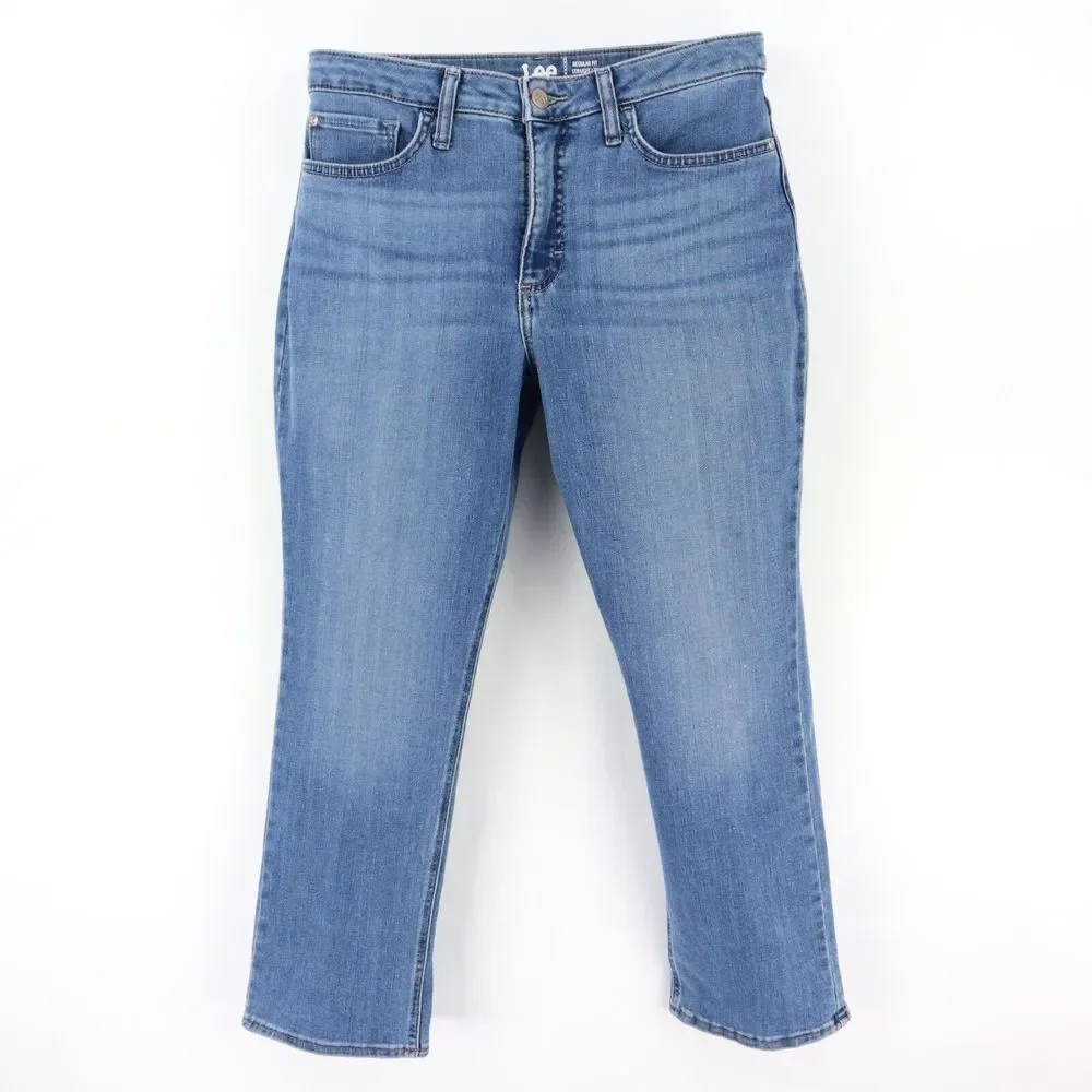 Lee Jeans Mid Rise Straight Leg Womens Size‎ 12P Blue Faded Cotton Blend Denim